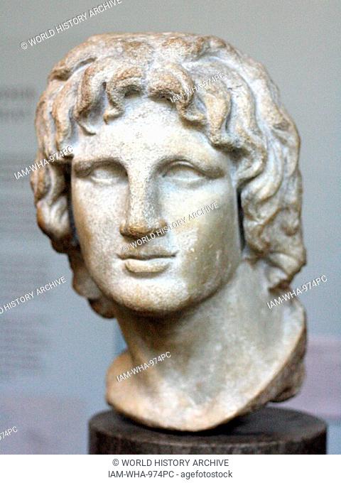 Portrait sculpture of Alexander the Great. Made of marble, said to be from Alexandria. Greek, 2nd-1st century BC