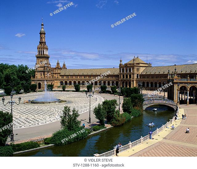 Architecture, Building, Espana, Fountain, Holiday, Landmark, Plaza, Scenery, Seville, Spain, Europe, Tourism, Travel, Vacation