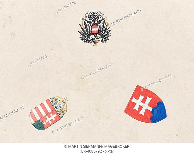 Three coats of arms of countries in the border triangle of Austria - Hungary - Slovakia, Northern Burgenland, Burgenland, Austria