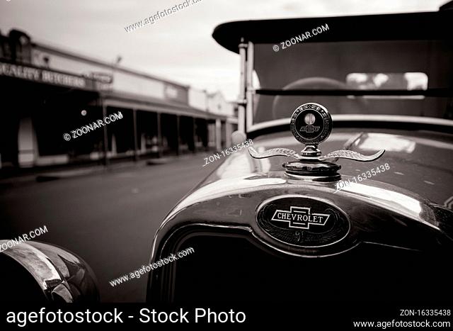 Maldon, Australia - February 19, 2017: Classic car and old Victorian architecture in the gold mining town of Maldon, Victoria, Australia