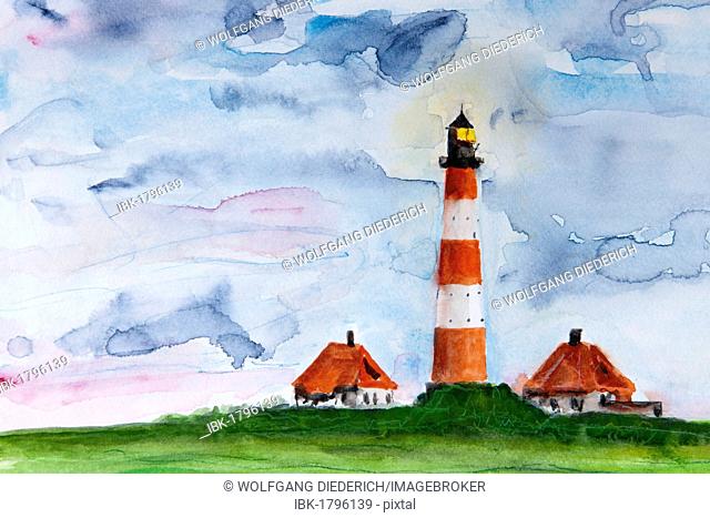 Lighthouse, Westerheversand, North Sea, North Frisia, Schleswig-Holstein, northern Germany, painted in watercolours by Gerhard Kraus, Kriftel, Germany