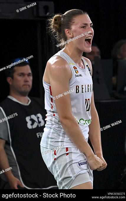 Belgium's Laure Resimont celebrates after winning a 3x3 basketball game between Belgium and Egypt, the second game (out of four) of the Women's Qualifier stage...
