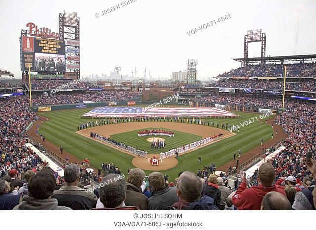 Opening Day Ceremonies featuring gigantic American Flag in Centerfield on March 31, 2008, Citizen Bank Park where 44, 553 attend as the Washington Nationals...