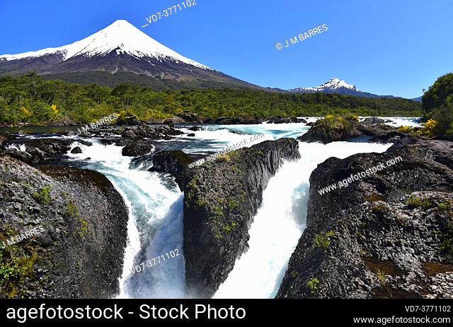 Vicente Perez Rosales National Park, Osorno (left) and Calbuco volcanoes and Petrohue river (Salto de Petrohue). Region de Los Lagos, Chile