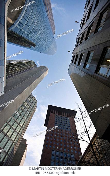 Perspective from below, Japan Tower, Commerzbank, Hessische Landesbank, Garden Tower, Sparkasse, Frankfurt, Hesse, Germany, Europe