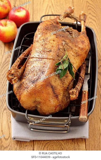 Roast goose stuffed with apples and cranberries