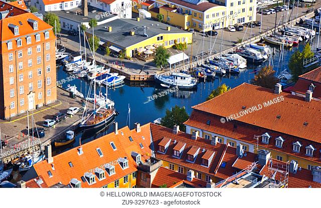 High angle shot of boats moored along Christianshavn Canal, Copenhagen, Denmark, Scandinavia
