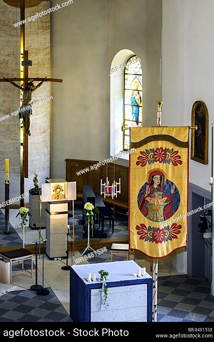 Main altar with tabernacle and flag, St. Anton parish church in Balderschwang, Allgäu, Bavaria, Germany, Europe