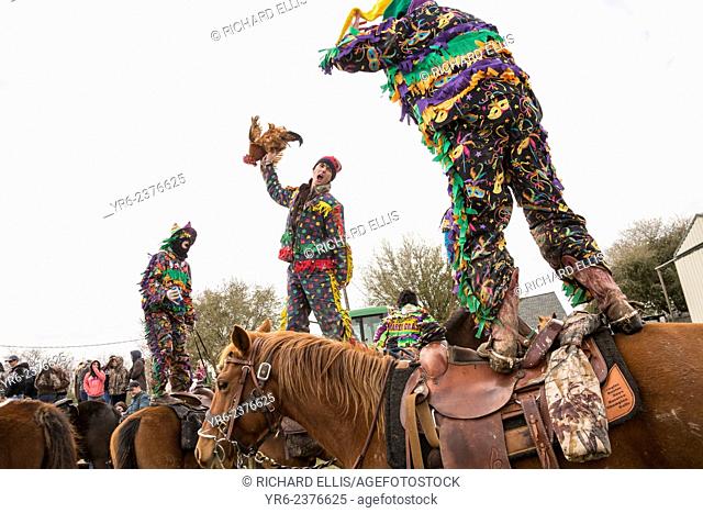 Costumed revelers dance on their horses during the Mamou Courir de Mardi Gras chicken run on Fat Tuesday February 17, 2015 in Mamou, Louisiana