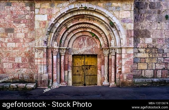 Entrance of the Saint-Jacques church in Villefranche de Conflent. Erected in the XII century. Plus belles villes de France. Monument historique
