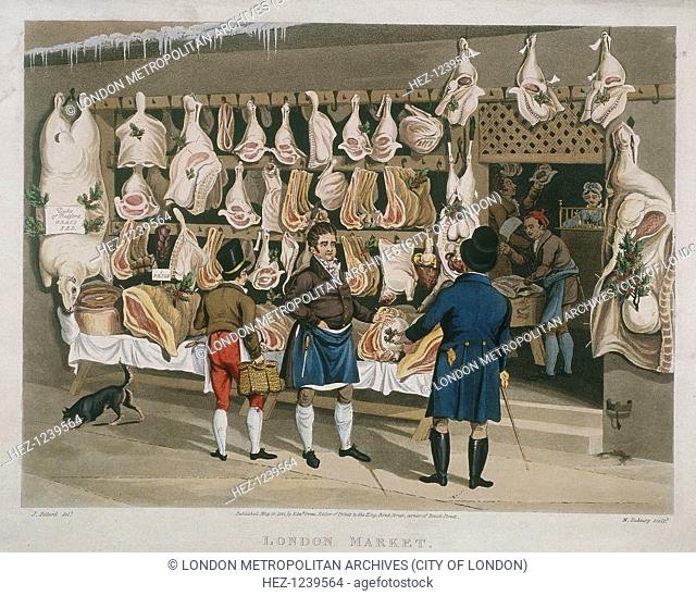 'London Market', 1822; showing an interior and exterior view of a butchers shop. Outside the shop a butcher is displaying his meat which has been decorated with...