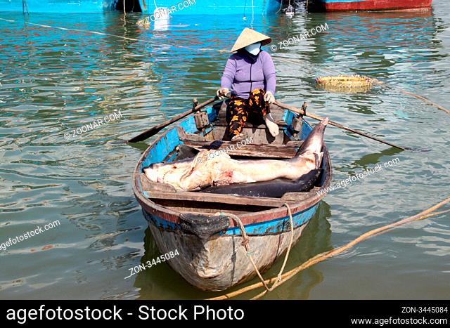 Woman with shark in the boat in Nha Trang, Vietnam