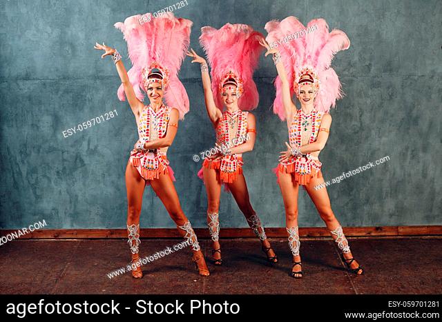 Three Women in samba or lambada costume with pink feathers plumage