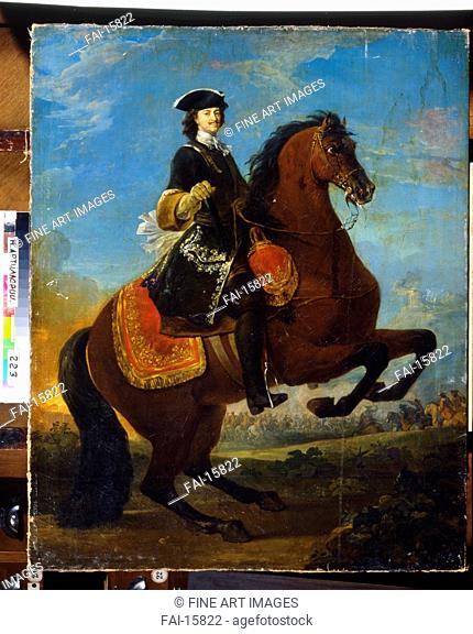Equestrian Portrait of Peter I with a battle of the Great Northern War in the background. Anonymous . Oil on canvas. Classicism. ca 1721