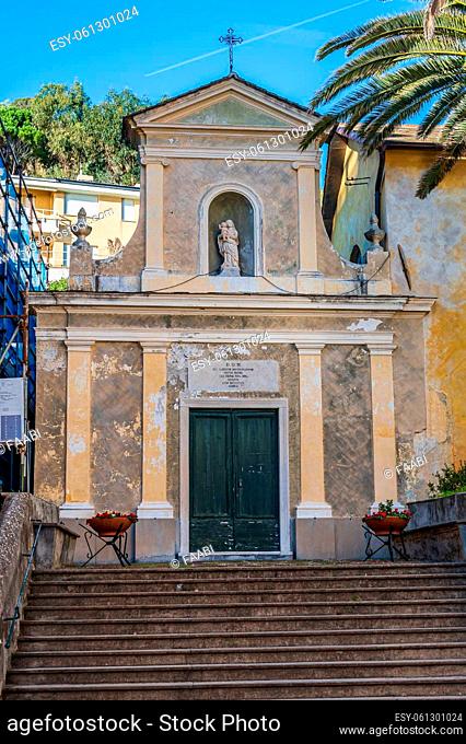 Facade of a little church in the maritime village of Moneglia on the Italian Riviera