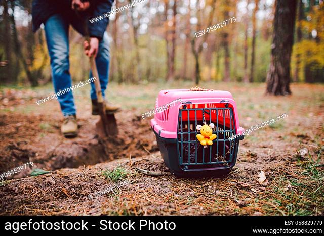 Spooky scene at the pet cemetery. The grave of lost animal friends. Companionship, farewell. A man brings a dead pet in a carrier to the forest and digs a grave...