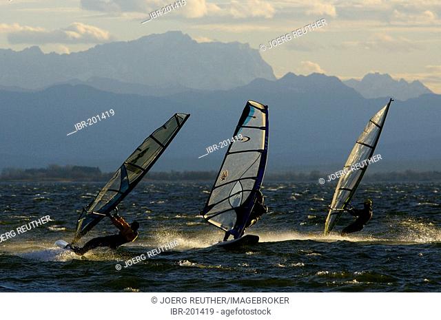 Windsurfer on the Ammersee in evening light in front of the Zugspitze, Bavaria, Germany