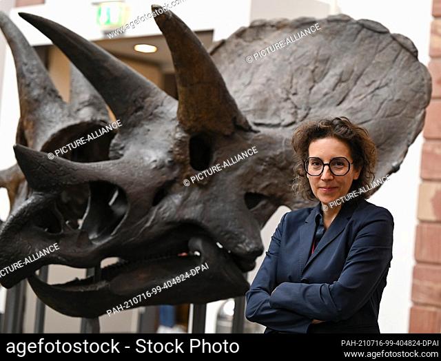 PRODUCTION - 09 July 2021, Hessen, Frankfurt/Main: Brigitte Franzen, director of the Senckenberg Museum, stands in front of the skull of a triceratops in the...