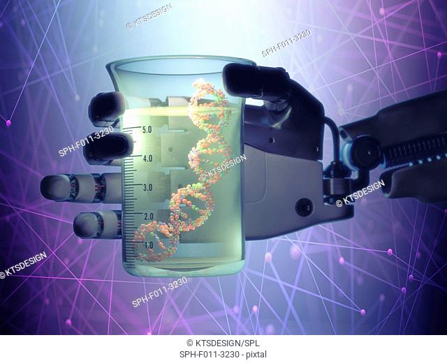 Robotic hand holding a flask containing deoxyribonucleic acid (DNA), computer illustration