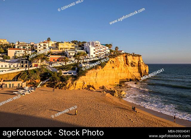 Beach and town Carvoeiro in the evening, Algarve, Faro district, Portugal