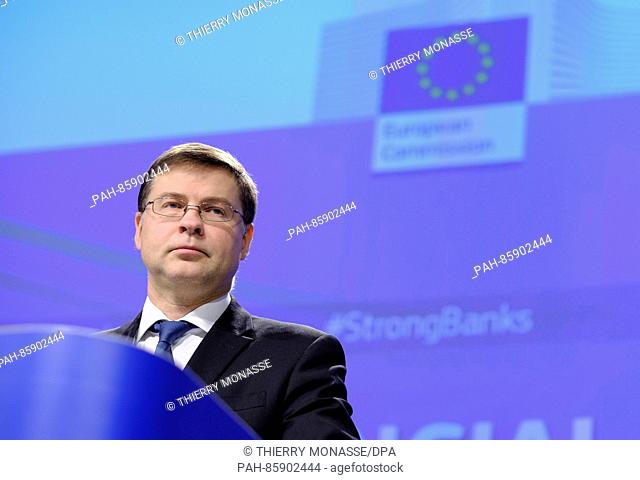 European Commissionner for financial stability, financial services and capital markets union Valdis Dombrovskis, gives a press conference on EU banking reforms...