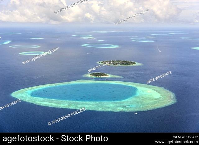 Aerial View of Bandos and Kuda Bandos, Small Maldives Islands, South Male Atoll, North Male Atoll, Indian Ocean, Maldives