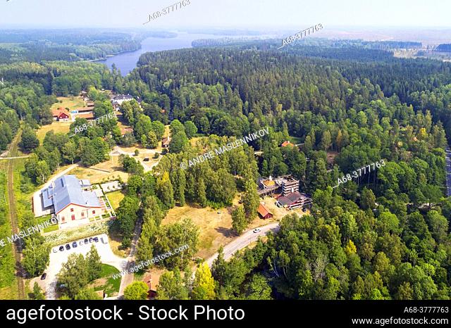 Aerial photo of the world heritage Engelsbergs manor in Ängelsberg. The roof of the blast furnace is being renovated