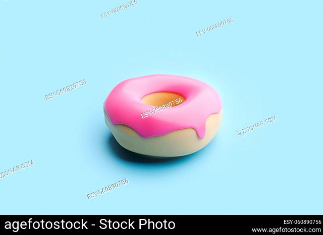Donut render top view. Donut with pink creme on blue background. 3d render