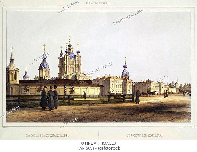 View of the Smolny Convent in Saint Petersburg. Perrot, Ferdinand Victor (1808-1841). Lithograph, watercolour. Neoclassicism. 1841
