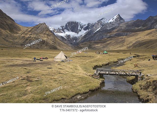 Mountain panorama at the Janca (Mitacocha) campsite, Cordillera Huayhuash circuit, Ancash, Peru