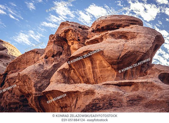 Rocks of Jabal Umm Fruth Bridge in Wadi Rum valley also called Valley of the Moon in Jordan