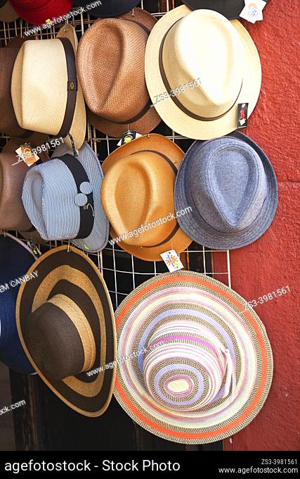 Hats for sale in a shop at the historic center, San Miguel de Allende, Guanajuato state, Mexico, Central America