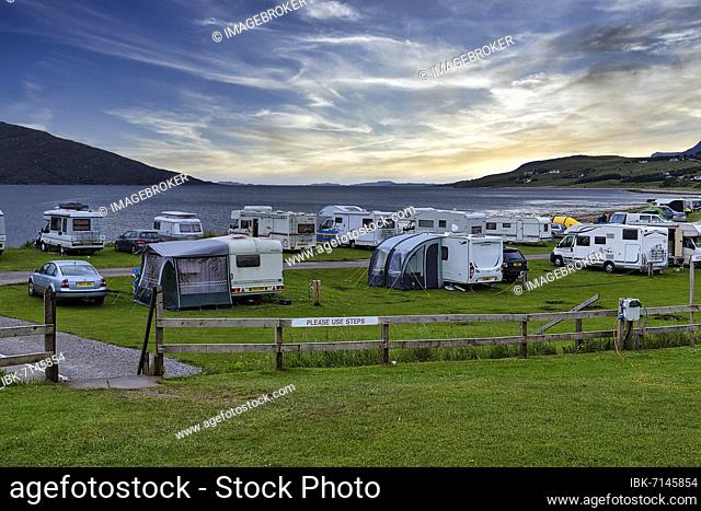 Caravans and motorhomes at Loch Broom campsite, Evening Sky, Ullapool, Ross and Cromarty, Highlands, Scotland, United Kingdom, Europe