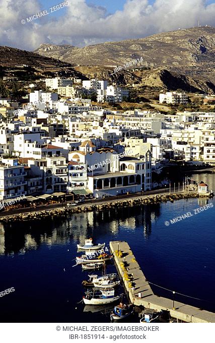 Fishing boats in the harbour, view over the town of Karpathos, Pigadia, Karpathos Island, Aegean Islands, Dodecanese, Mediterranean, Greece, Europe