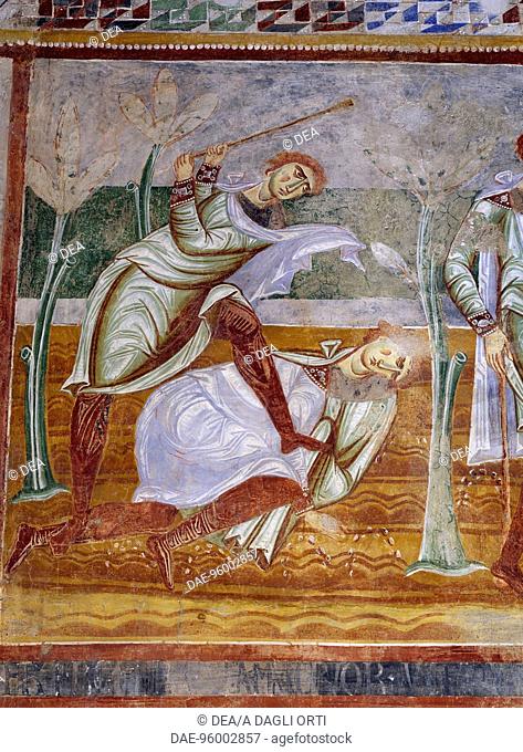 Cain killing Abel, detail from the Stories of the Old Testament, 1072-1078, Byzantine-Campania-style frescoes, right aisle of the Basilica of Sant'Angelo in...