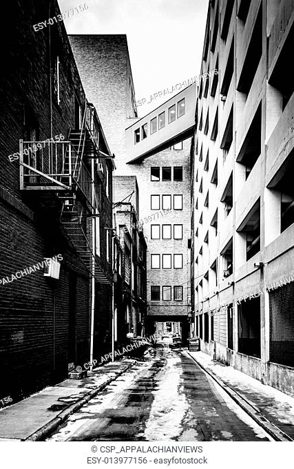Narrow alley and parking garage in Baltimore, Maryland