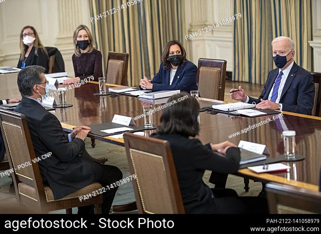US President Joe Biden, with Vice President Kamala Harris, delivers remarks during a meeting with Secretary of Health and Human Services Xavier Becerra
