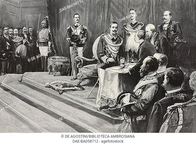 King Vittorio Emanuele III signing the wording of the oath, Rome, Italy, illustration from L'Illustration, No 2999, August 18, 1900