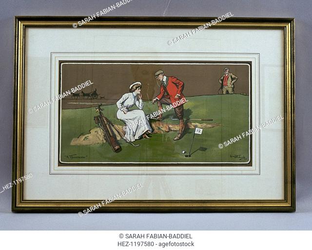 'A Threesome', 1904. Golfing print by sporting artist Lionel Edwards, well known for his hunting scenes. Nearly all Edwards' golf subjects have titles with...