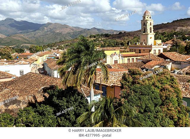 View from tower of Museo de Historia Municipal, City Museum, view of roofs of the historic city centre and bell tower of Iglesia y Convento de San Francisco