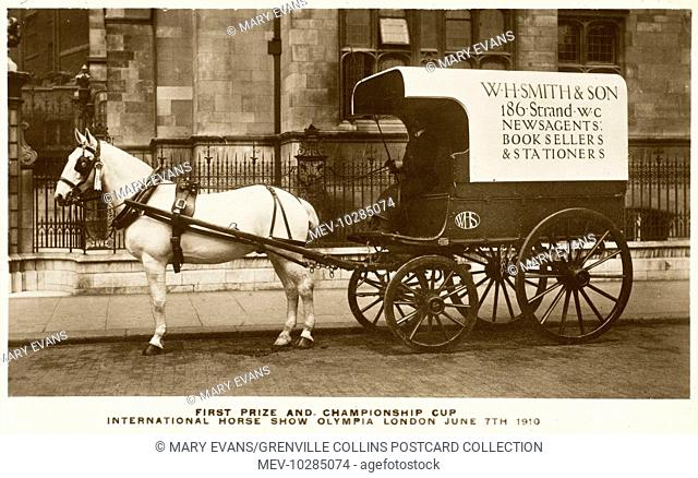 The winner of the First Prize and Championship Cup at the International Horse Show at Olympia, 1910, the very fine horse-drawn delivery van of W H Smith & Son