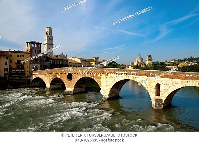 Ponte Pietra bridge Verona city the Veneto region northern Italy Europe