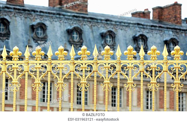 Versailles Palace Park golden gate details. France