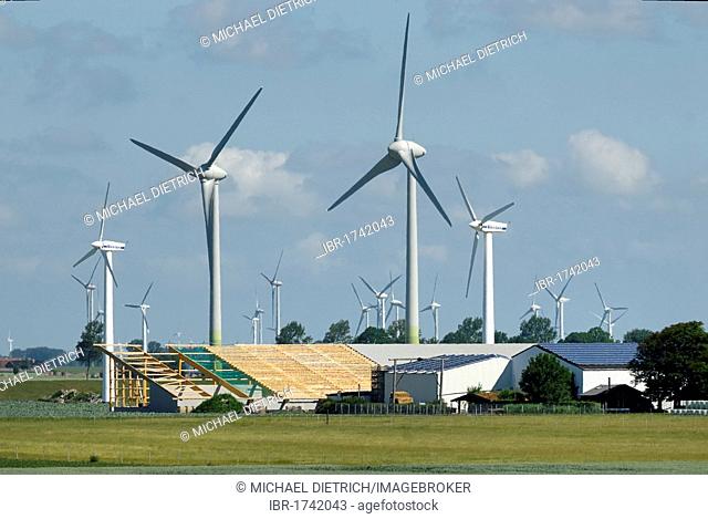 Renewable energy, wind power and the construction of a photovoltaic system, Dithmarschen district, Schleswig-Holstein, Germany, Europe