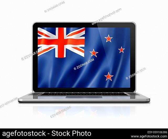 New Zealand flag on laptop screen isolated on white. 3D illustration render