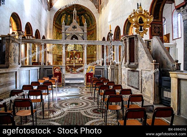 Nave of the Church of Santa Maria in Cosmedin, high altar in the background, pulpit for sermon on the right, La Basilica di Santa Maria in Cosmedin