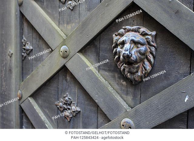 Wernigerode, Germany 14/15 October 2019: Wernigerode Castle - October 2019 Loewenkopf on an antique door, feature / symbol / symbol / characteristic / detail /...
