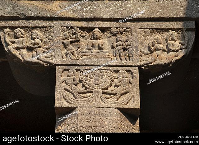 Ajanta Caves, Aurangabad, Maharashtra, India Cave No. 1- Verandah pillar showing Buddha in padmasana with devotees in the center of the capital with flying...