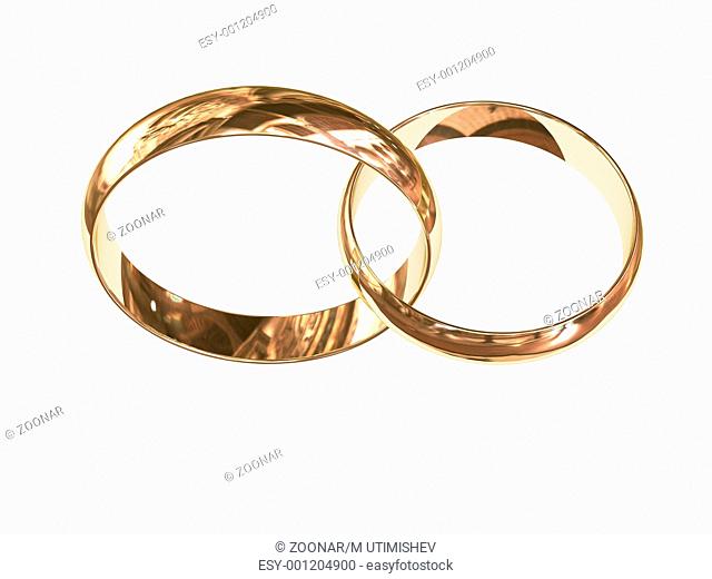 Two gold wedding rings on white chained together. High resolution 3D image