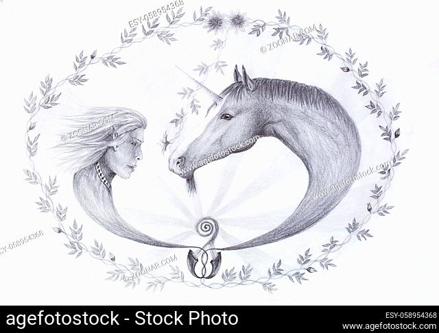 Hand drawing Elf and unicorn with beautiful flower. Draw on vintage paper. Profile portrait